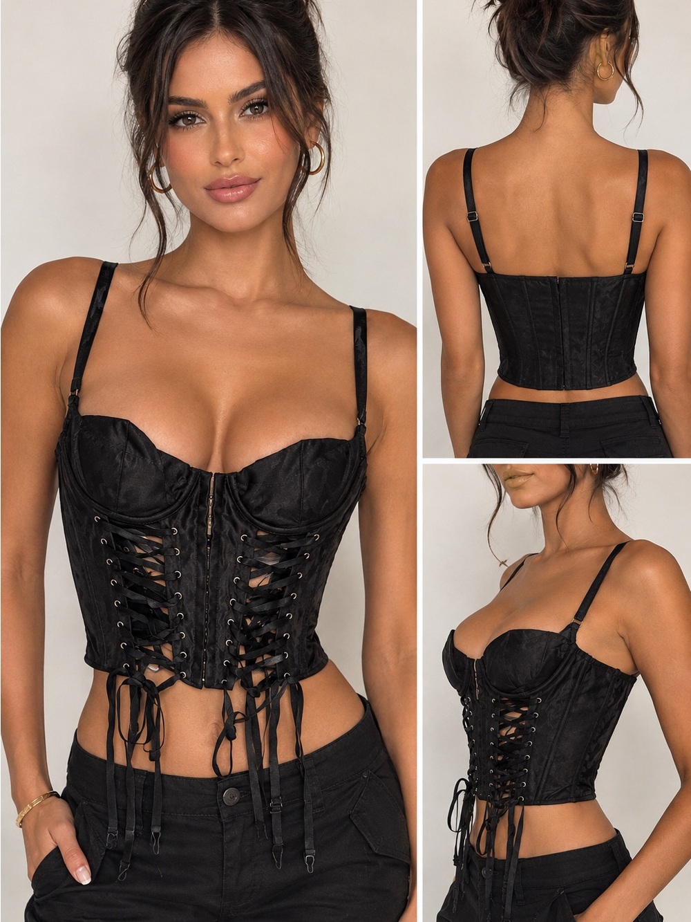 #Y2KBustier VTG Frederick's of Hollywood Black Satin Corset Bustier Top